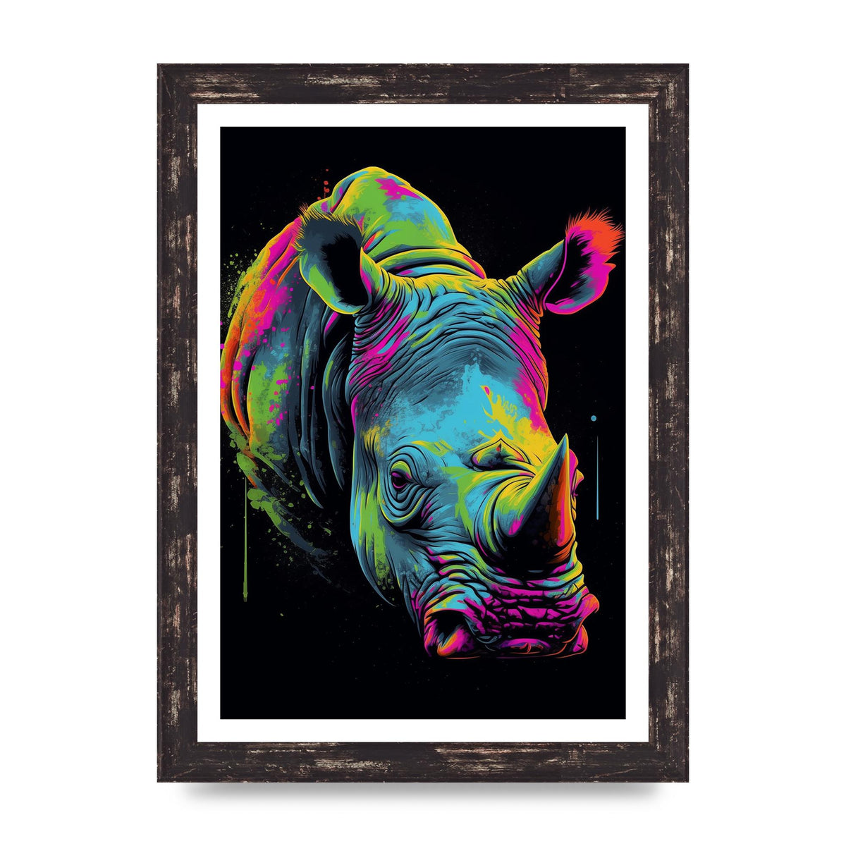 Vibrant Neon Rhino with Bold Paint Splashes