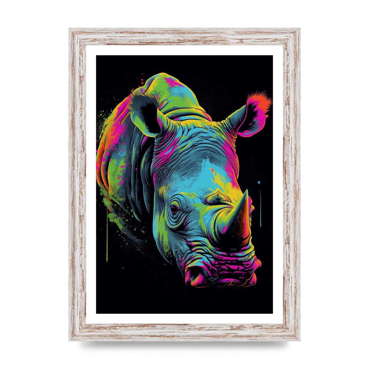 Vibrant Neon Rhino with Bold Paint Splashes