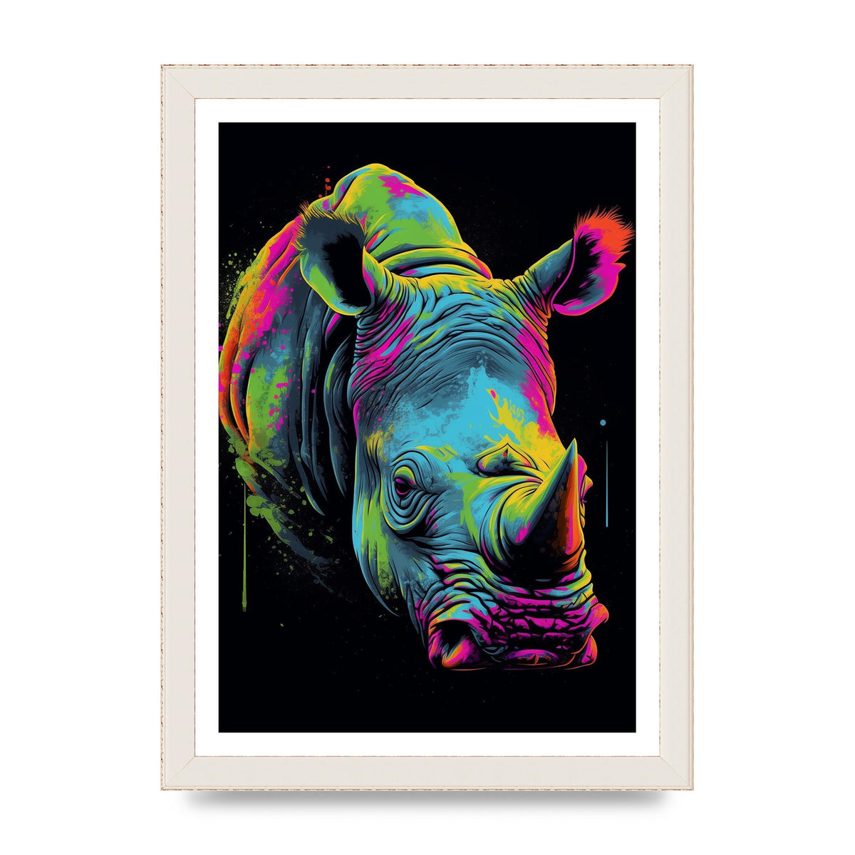 Vibrant Neon Rhino with Bold Paint Splashes