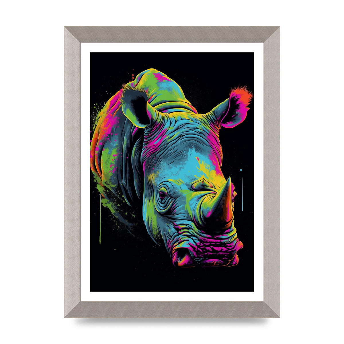 Vibrant Neon Rhino with Bold Paint Splashes