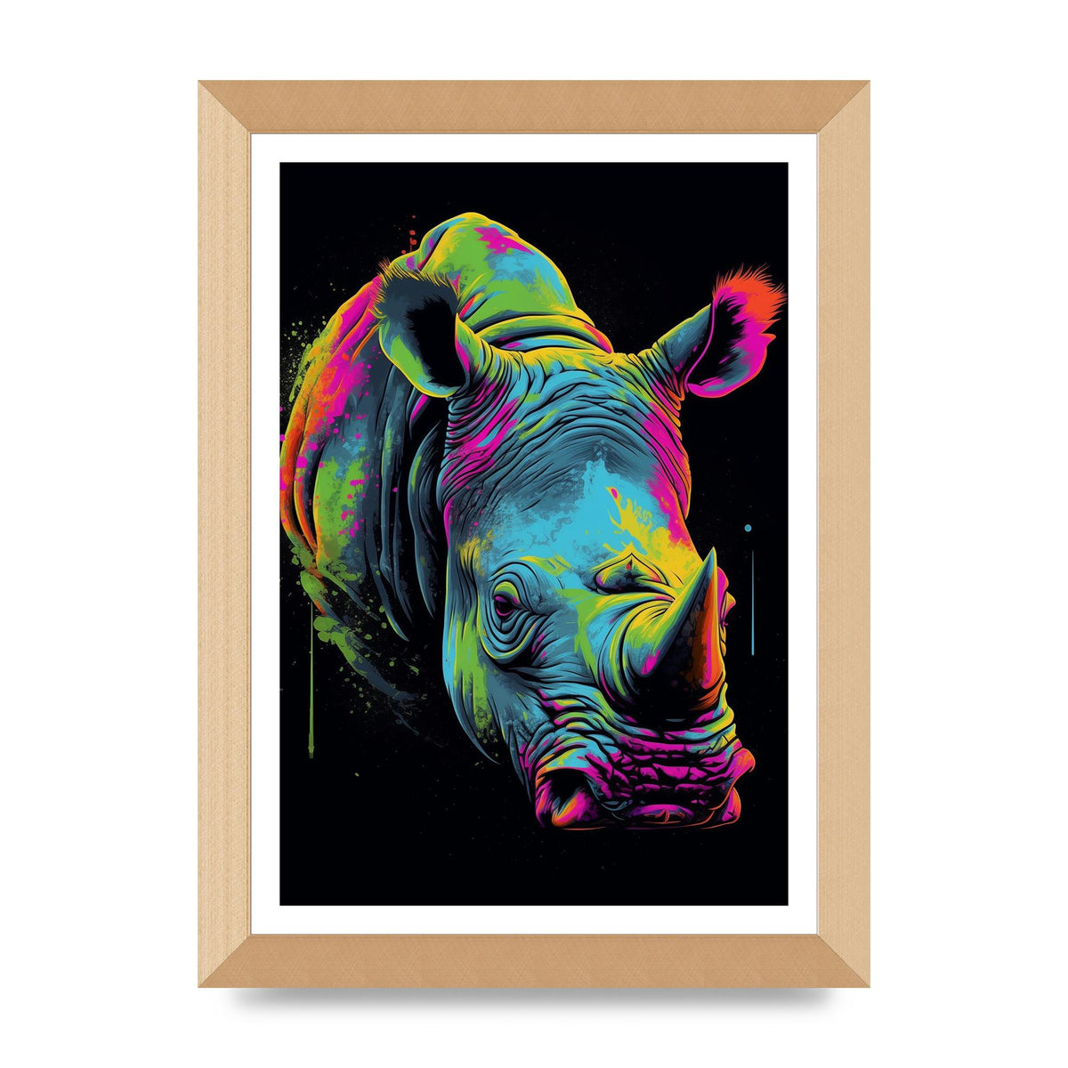 Vibrant Neon Rhino with Bold Paint Splashes