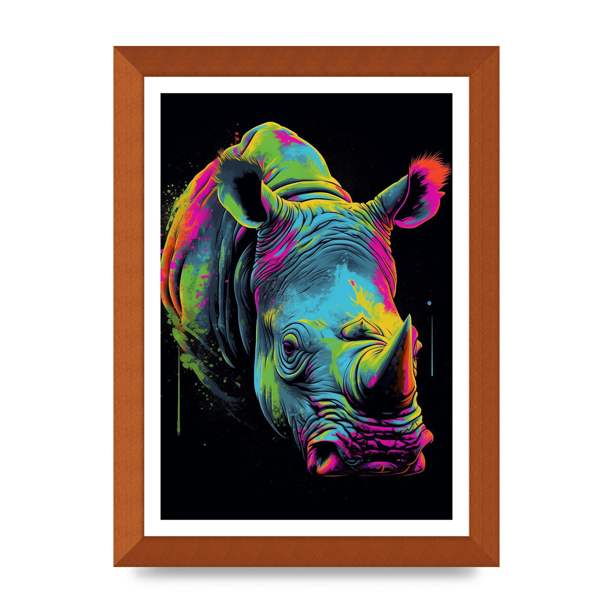 Vibrant Neon Rhino with Bold Paint Splashes