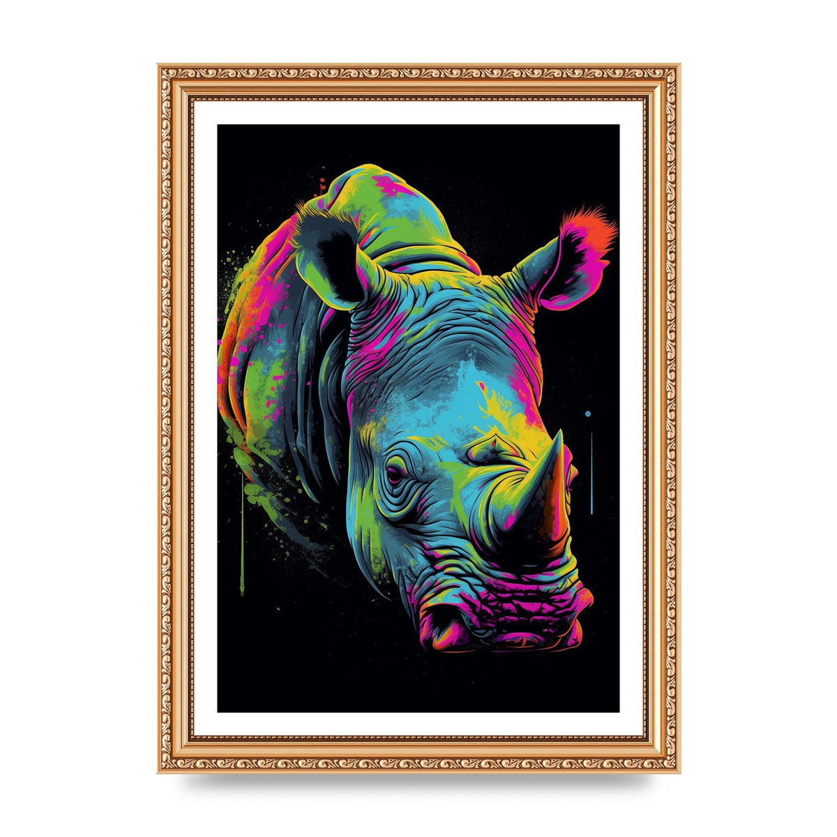 Vibrant Neon Rhino with Bold Paint Splashes