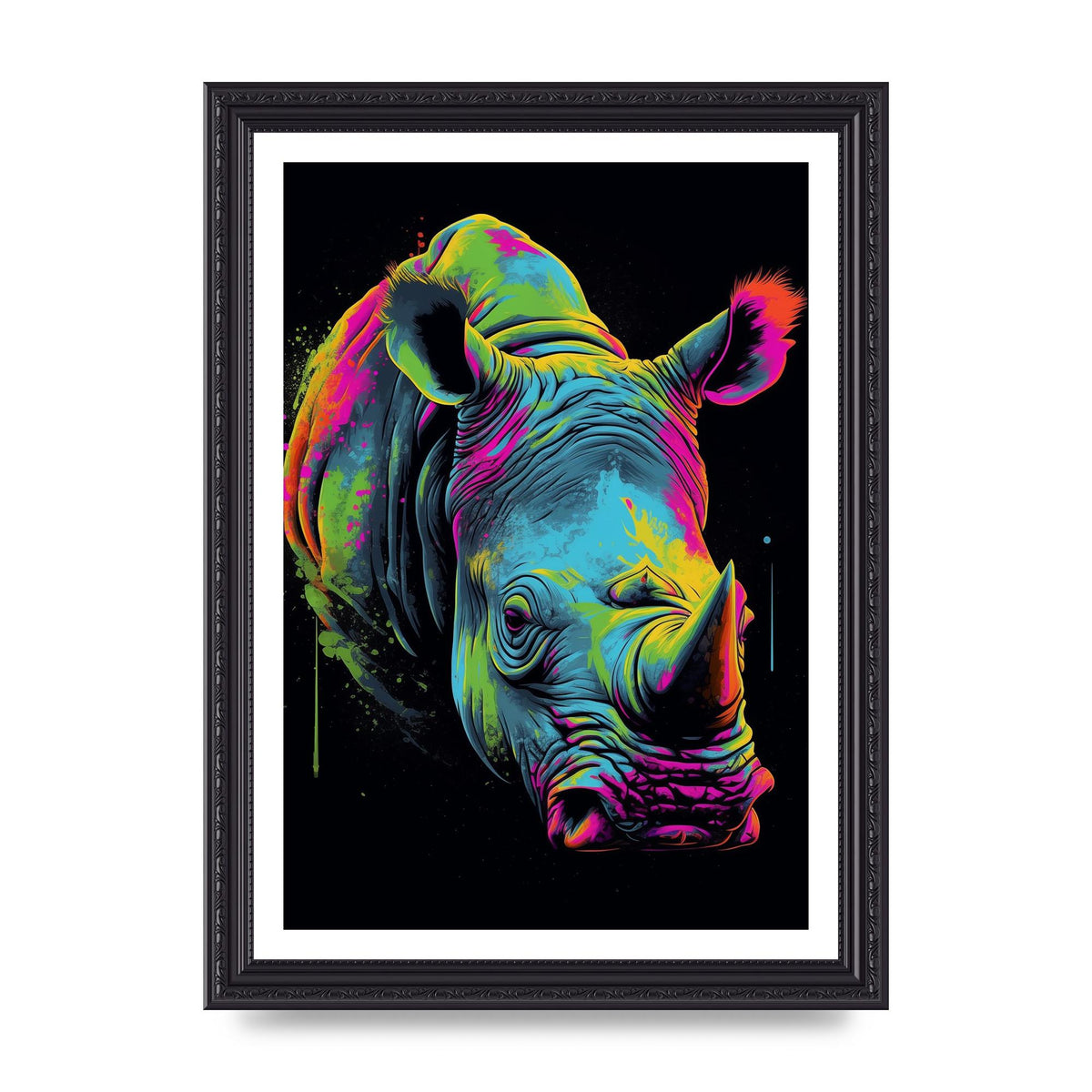 Vibrant Neon Rhino with Bold Paint Splashes