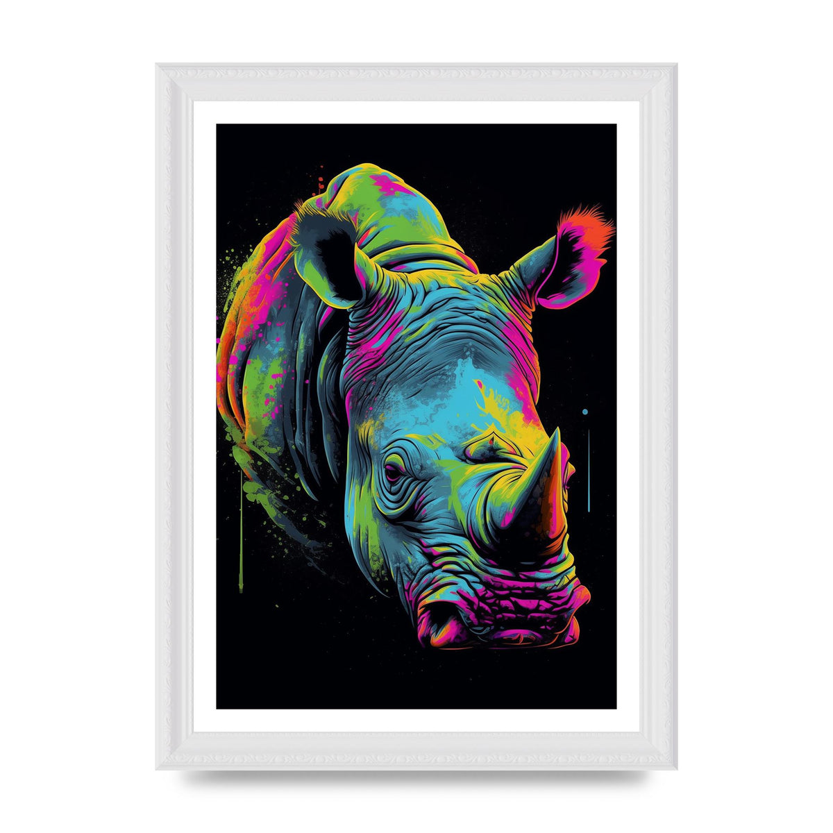 Vibrant Neon Rhino with Bold Paint Splashes