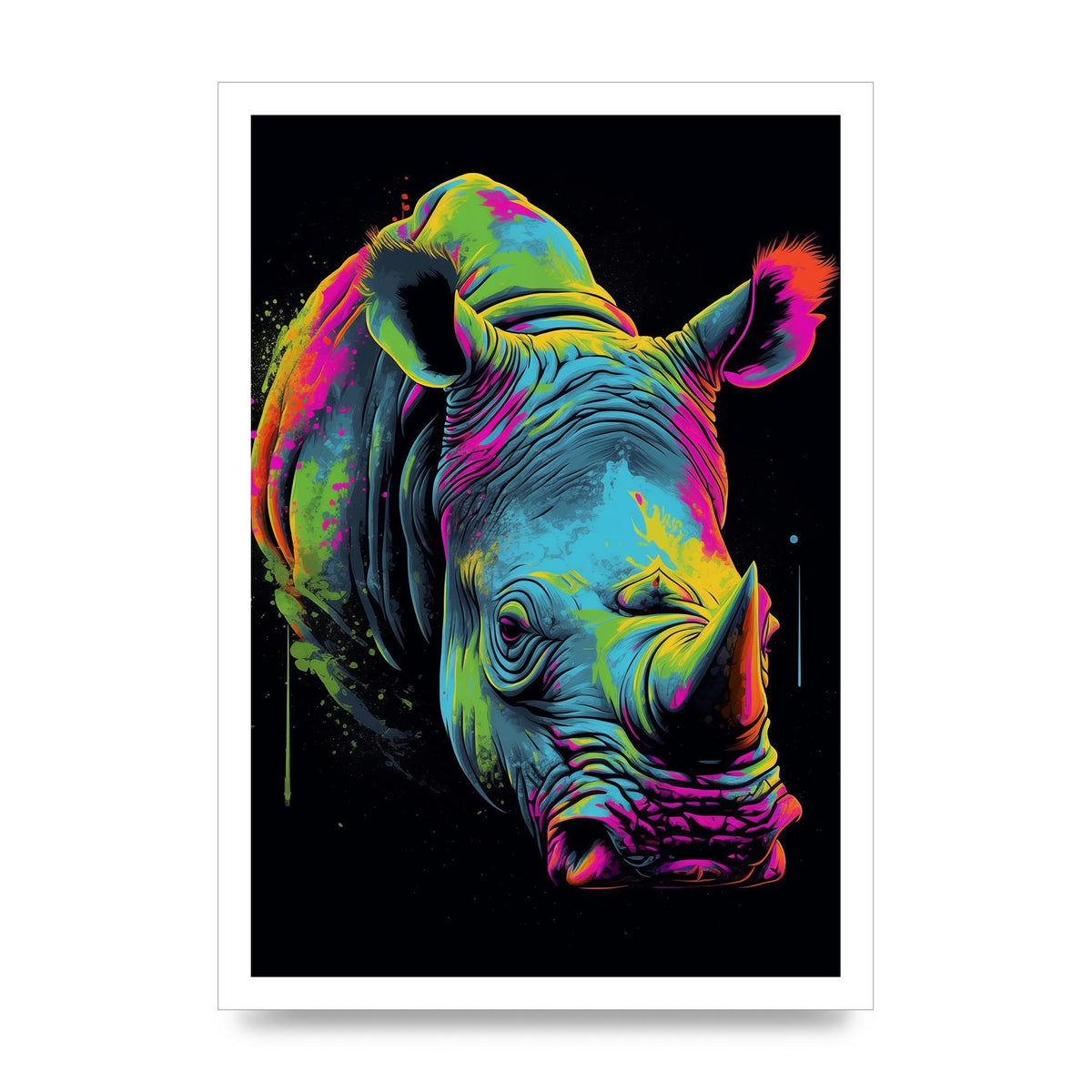 Vibrant Neon Rhino with Bold Paint Splashes