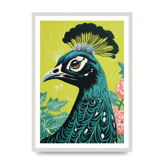Peacock Risograph Print with Emerald Backdrop, print in an A2 white saw cut grain frame