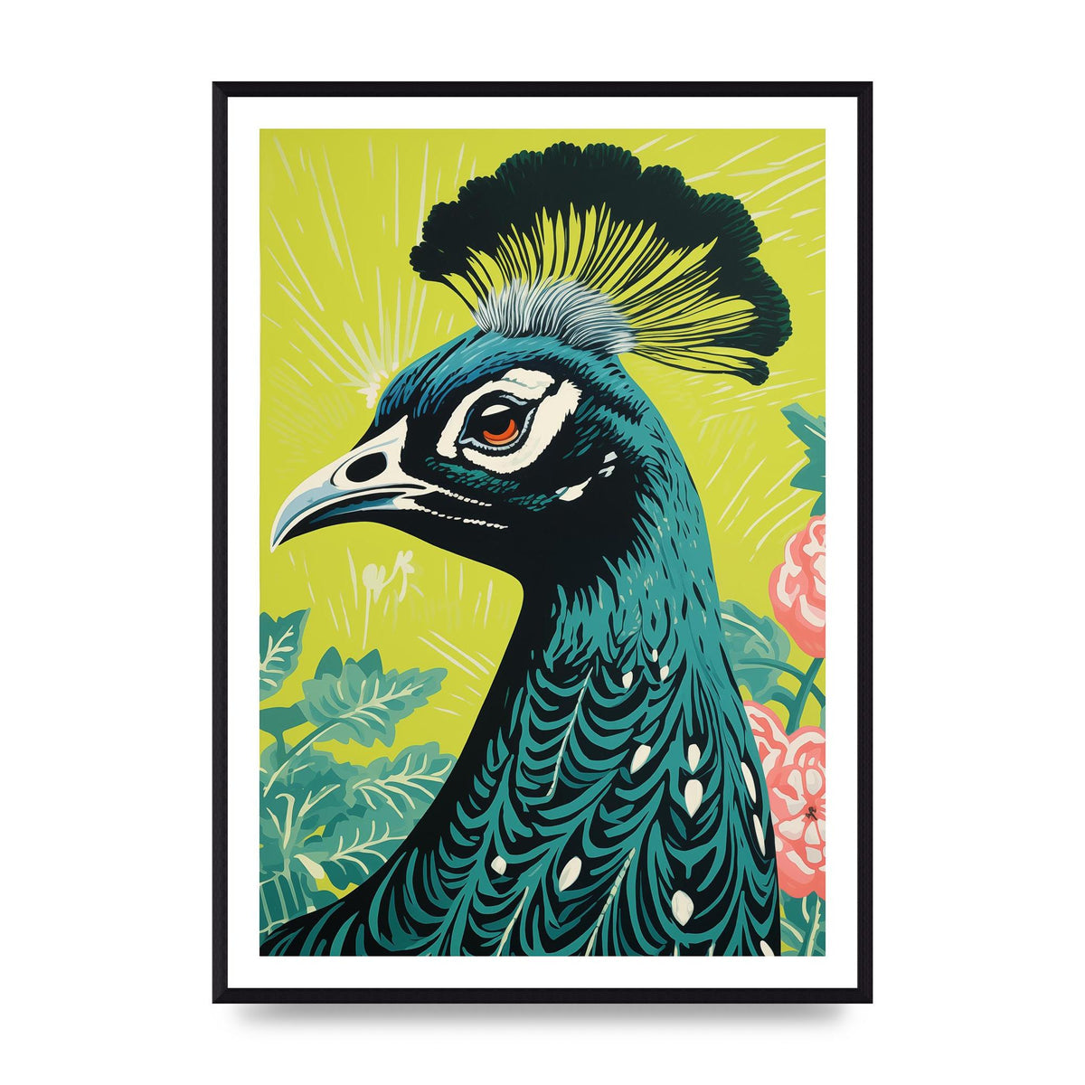 Peacock Risograph Print with Emerald Backdrop