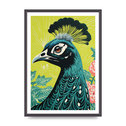 Peacock Risograph Print with Emerald Backdrop