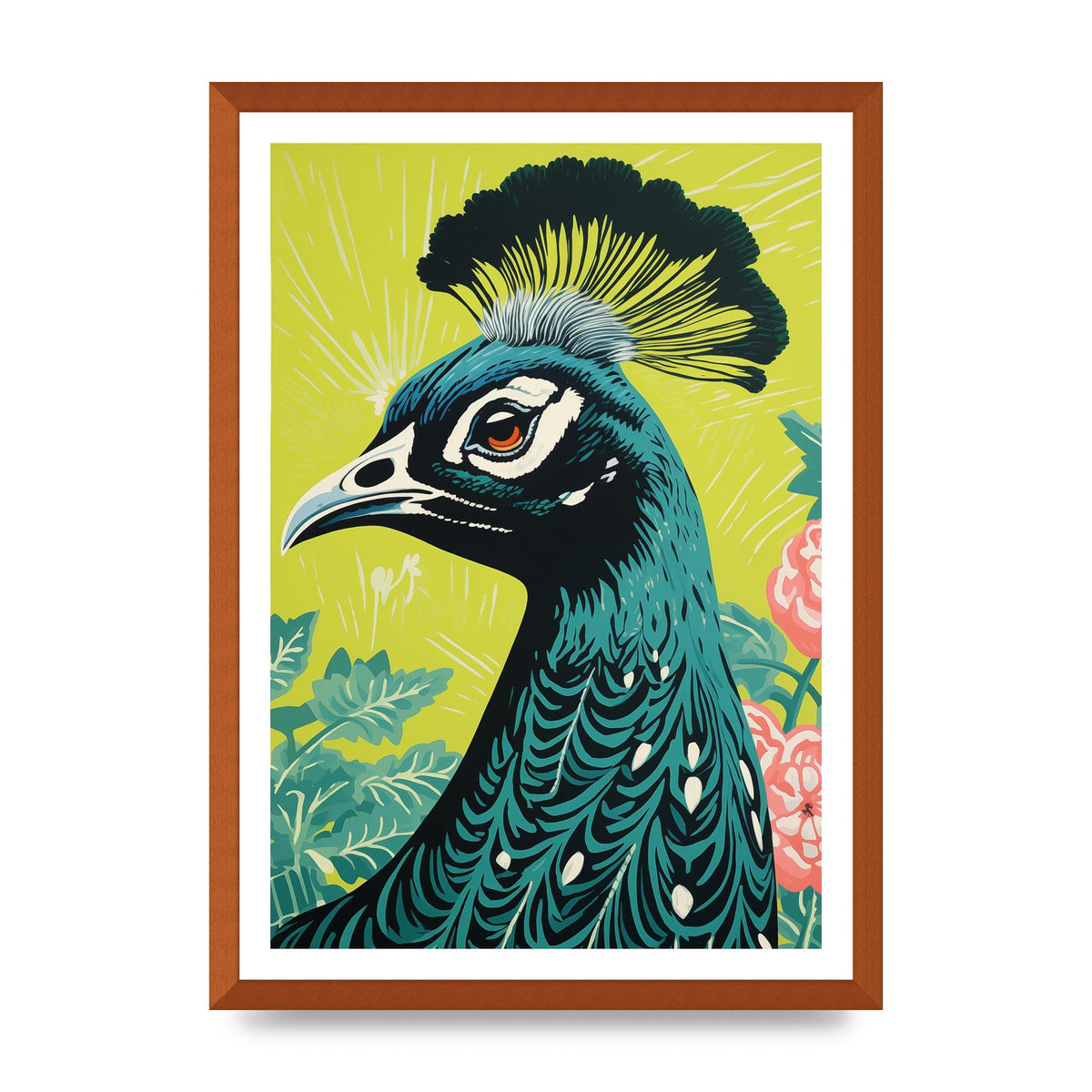 Peacock Risograph Print with Emerald Backdrop