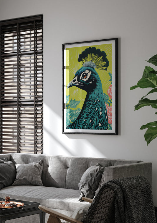 Peacock Risograph Print with Emerald Backdrop