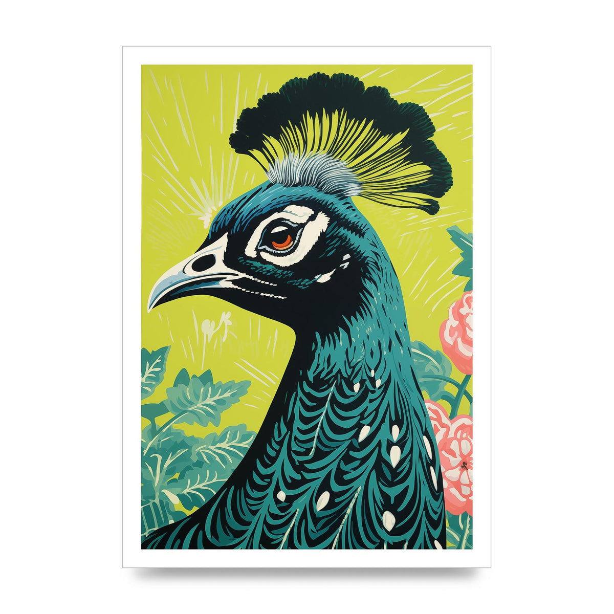 Peacock Risograph Print with Emerald Backdrop