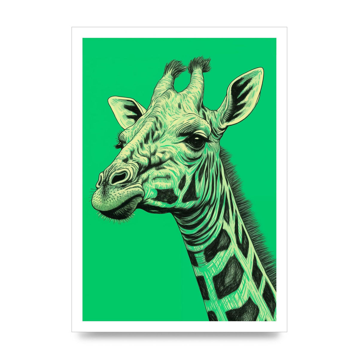 Giraffe Sketch on Green in Risograph Style