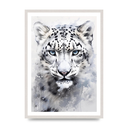 Snow Leopard Illustration with Frosty Blue Back, print in an A2 white saw cut grain frame