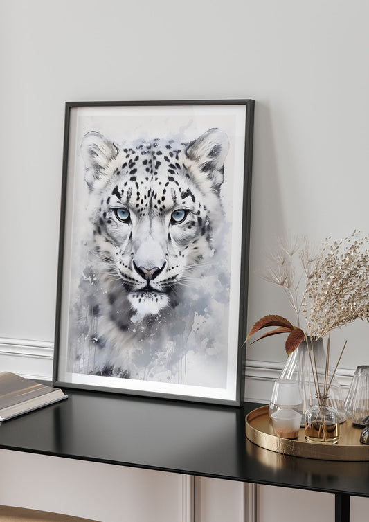 Snow Leopard Illustration with Frosty Blue Back
