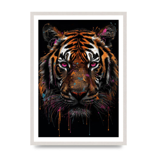 Vibrant Neon Tiger with Dazzling Paint Drops, print in an A2 white saw cut grain frame