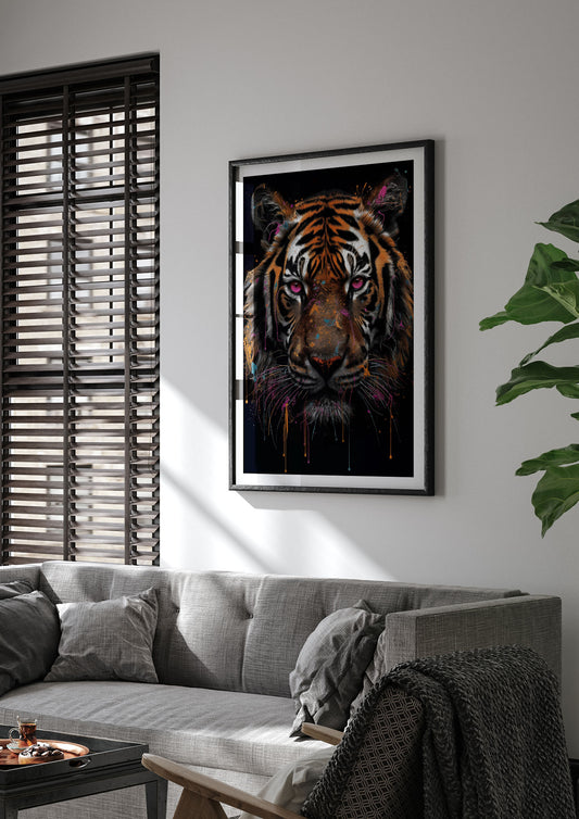 Vibrant Neon Tiger with Dazzling Paint Drops