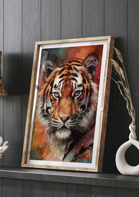 Tiger Portrait with Abstract Fiery Backdrop