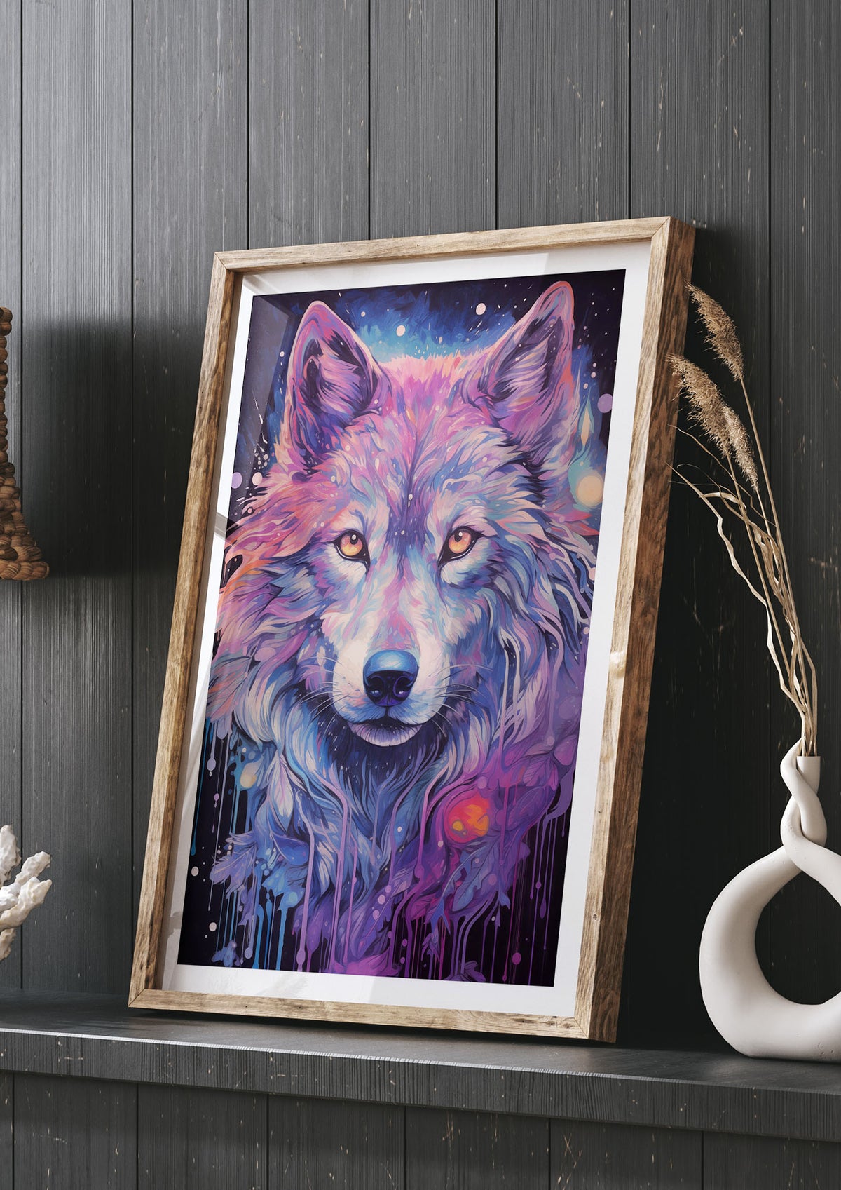 Wolf Illustration in Monochrome with Neon Back