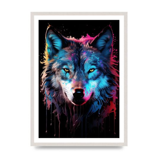 Neon Wolf Headshot with Vibrant Blue and White, print in an A2 white saw cut grain frame