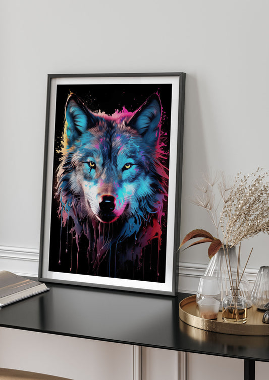 Neon Wolf Headshot with Vibrant Blue and White