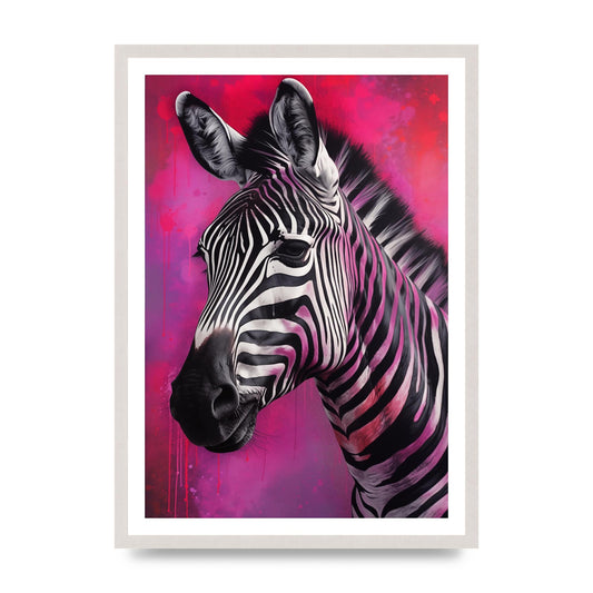 Zebras with Bold Pinks and Purples Contrast, print in an A2 white saw cut grain frame