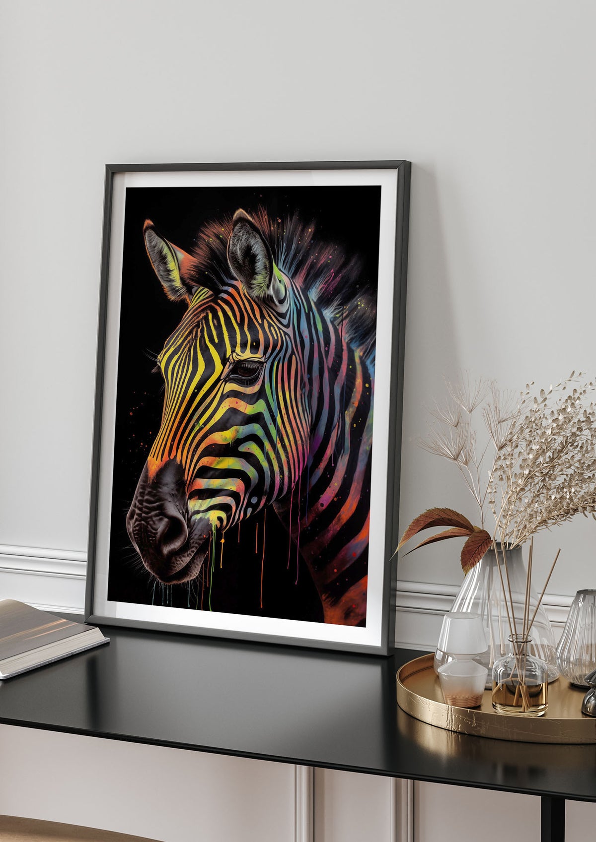 Neon-Striped Zebra in Vibrant Paint