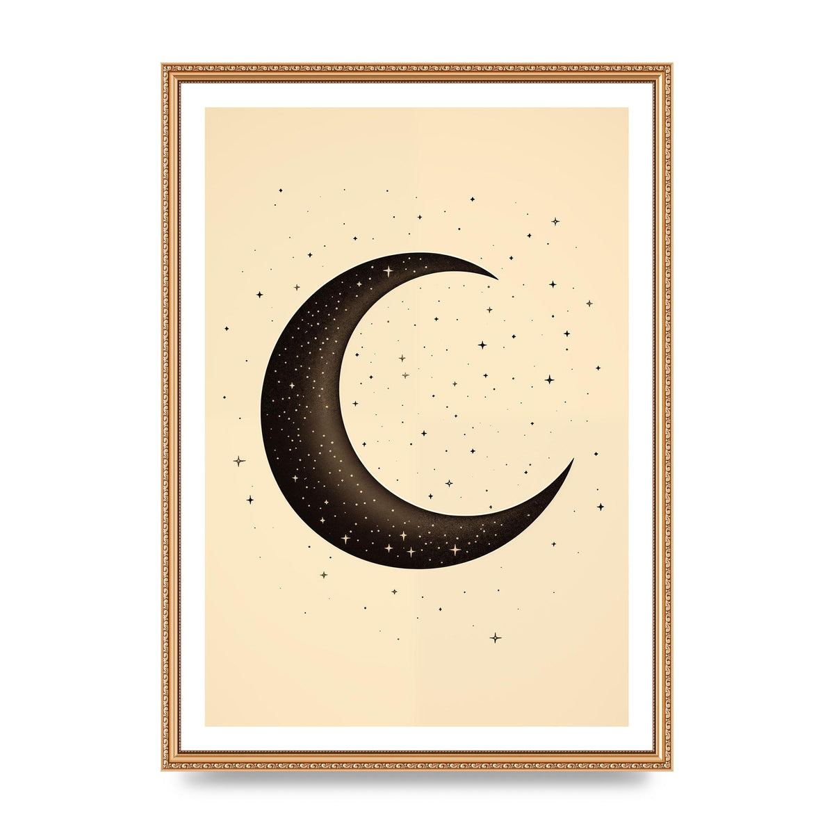 Grainy Crescent Moon with Simple Black Stars