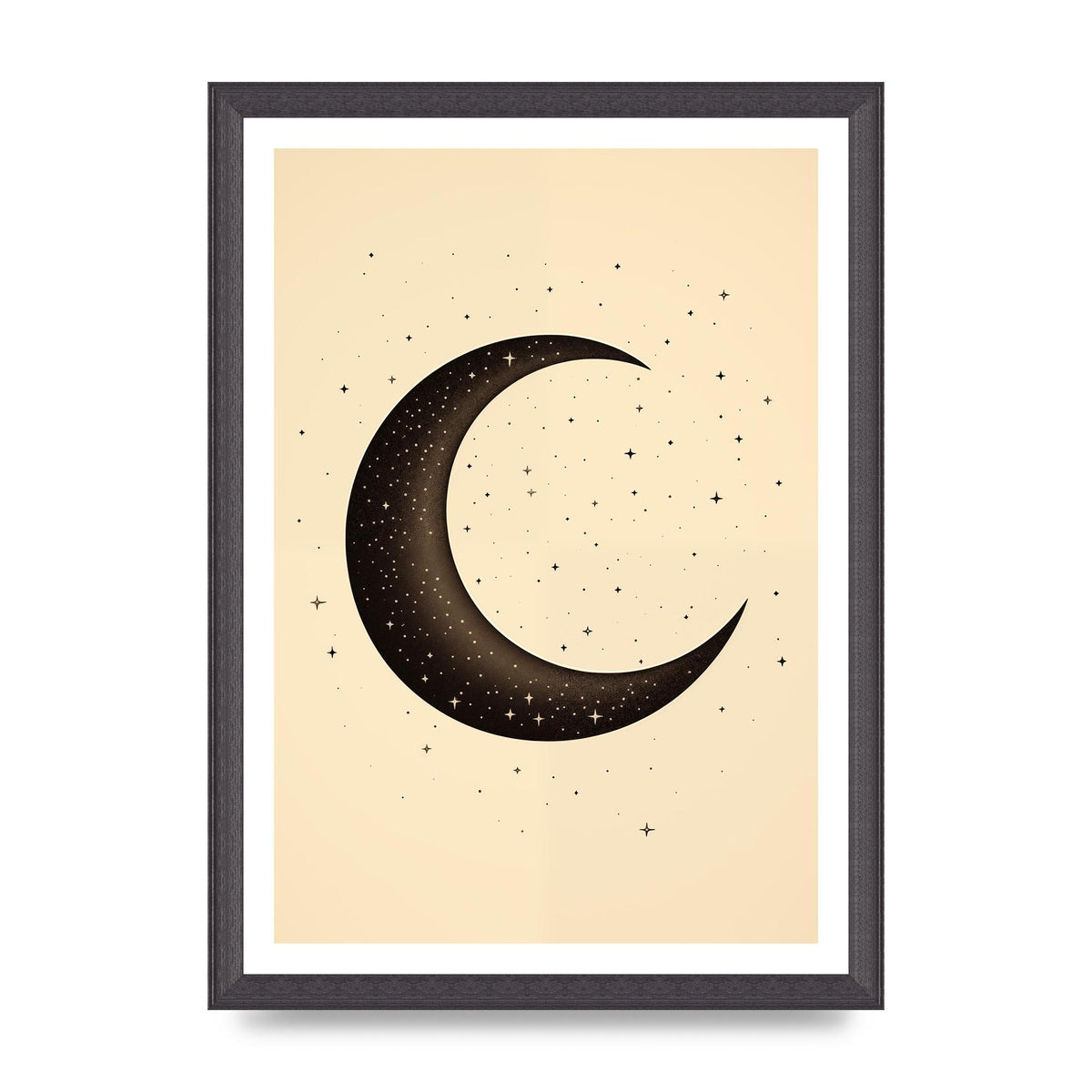 Grainy Crescent Moon with Simple Black Stars