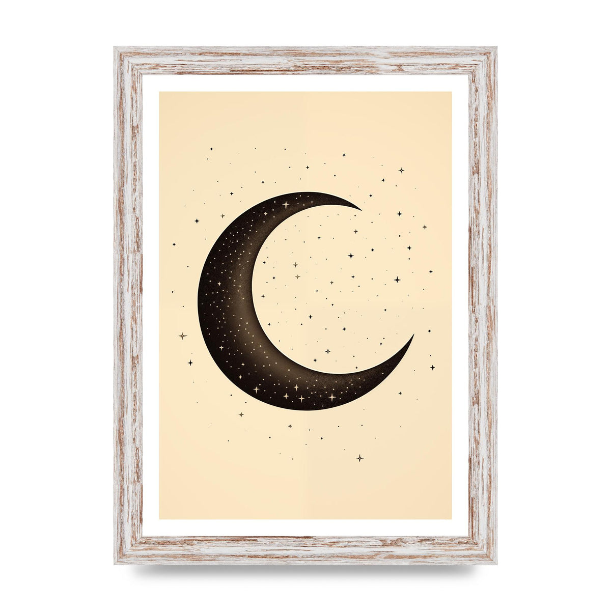 Grainy Crescent Moon with Simple Black Stars