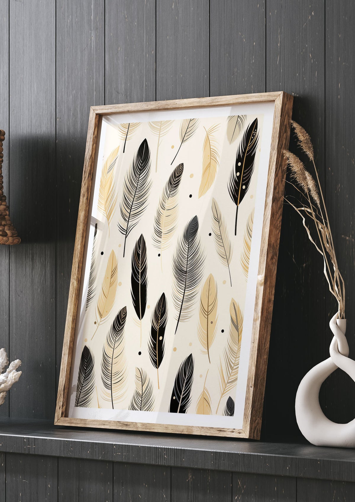 Boho Feathers in Black Lines on Cream