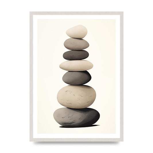 Zen Stones Grey and Cream Risograph, print in an A2 white saw cut grain frame