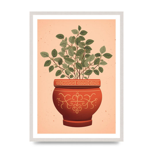 Terracotta Boho Charm Plant Motif Pot, print in an A2 white saw cut grain frame