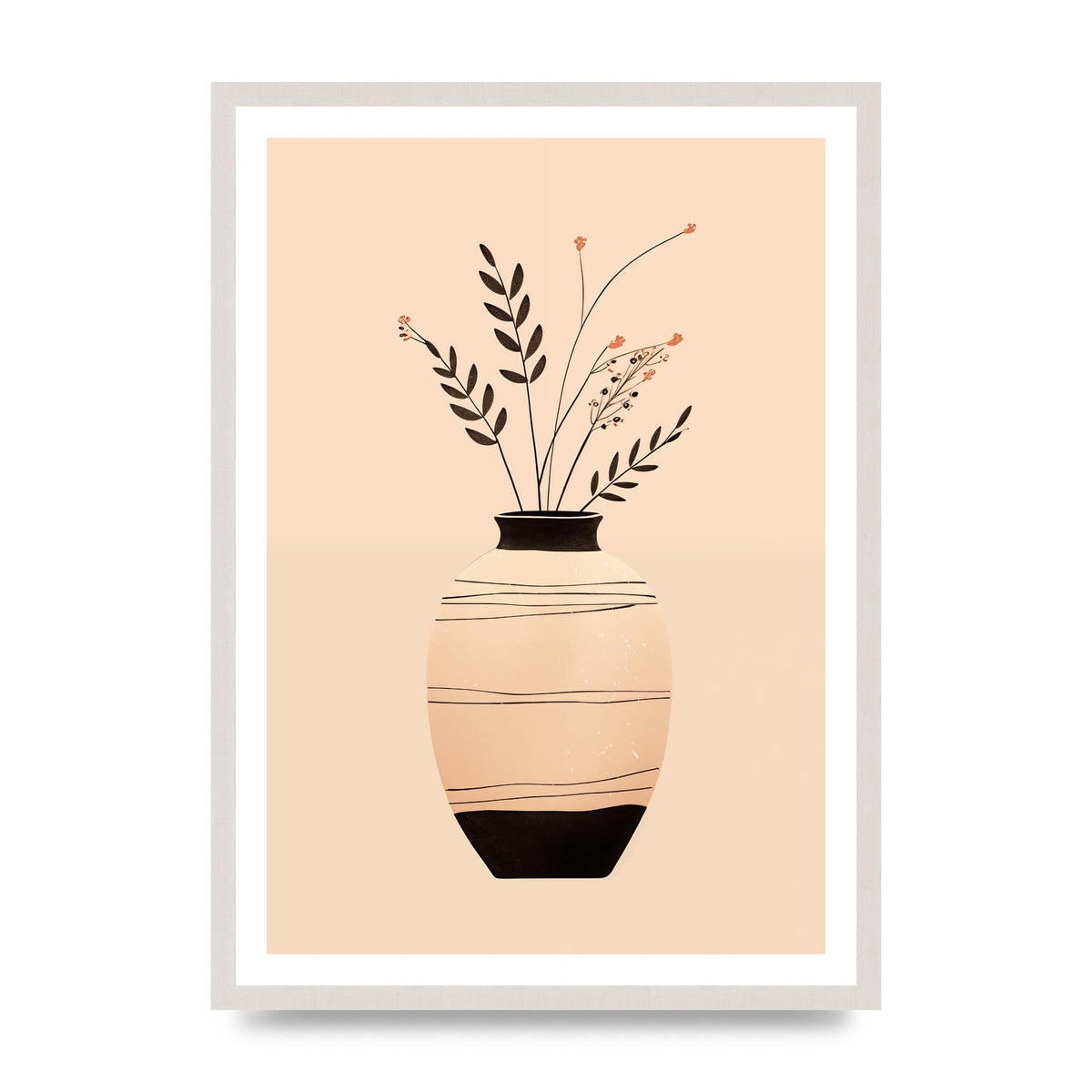 Boho Elegance Vase in Light Brown and Black, print in an A2 white saw cut grain frame