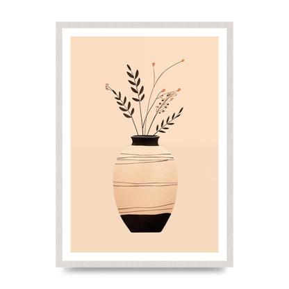 Boho Elegance Vase in Light Brown and Black, print in an A2 white saw cut grain frame