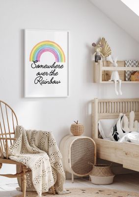 An unframed print of somewhere over the rainbow music illustration in white and rainbow accent colour