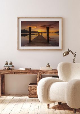An unframed print of ashness jetty sunset keswick lake district travel photograph in brown and yellow accent colour