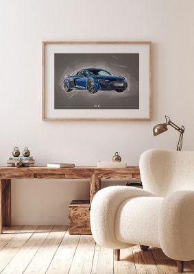 An unframed print of audi r8 sports graphic in grey and blue accent colour
