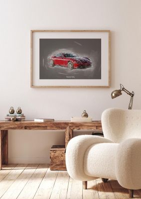 An unframed print of ferrari roma graphical illustration in grey and red accent colour