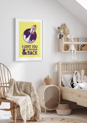 An unframed print of i love you to the moon and back kids wall art in typography in yellow and red accent colour
