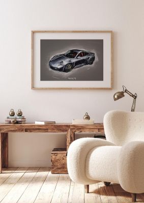 An unframed print of porsche 911 graphical illustration in grey and silver accent colour