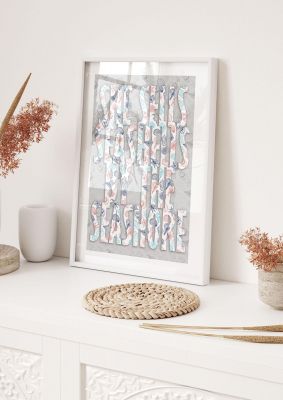 An unframed print of she sells seashells travel in typography in grey and multicolour accent colour