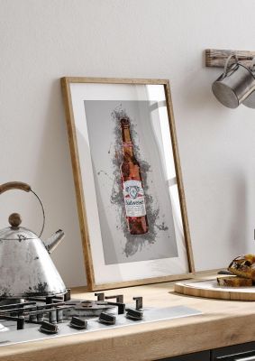 An unframed print of budweiser bottle splatter graphical illustration in grey and brown accent colour