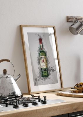 An unframed print of jameson whiskey bottle graphical illustration in grey and green accent colour