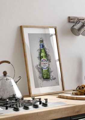 An unframed print of peroni bottle splatter graphical illustration in grey and green accent colour