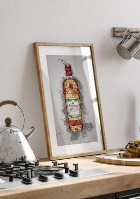 An unframed print of tanqueray sevilla bottle splatter graphical illustration in grey and orange accent colour
