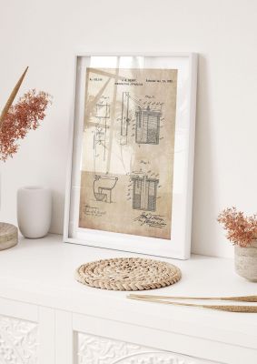 An unframed print of flush toilet patent retro illustration in beige and grey accent colour