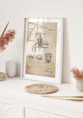 An unframed print of tap patent retro illustration in beige and grey accent colour