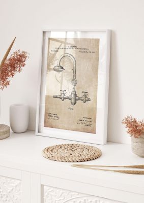 An unframed print of mixer tap patent retro illustration in beige and grey accent colour