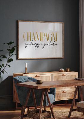 An unframed print of champagne funny slogans in typography in white and gold accent colour